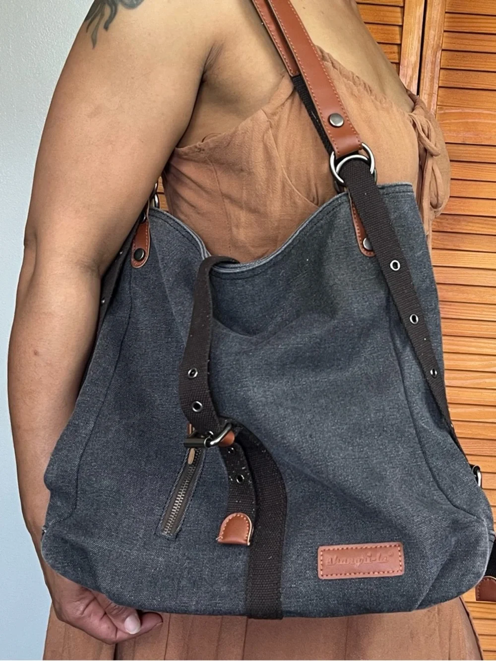 Shangri-LA Casual Charcoal Canvas Messenger Bag with Leather Trim